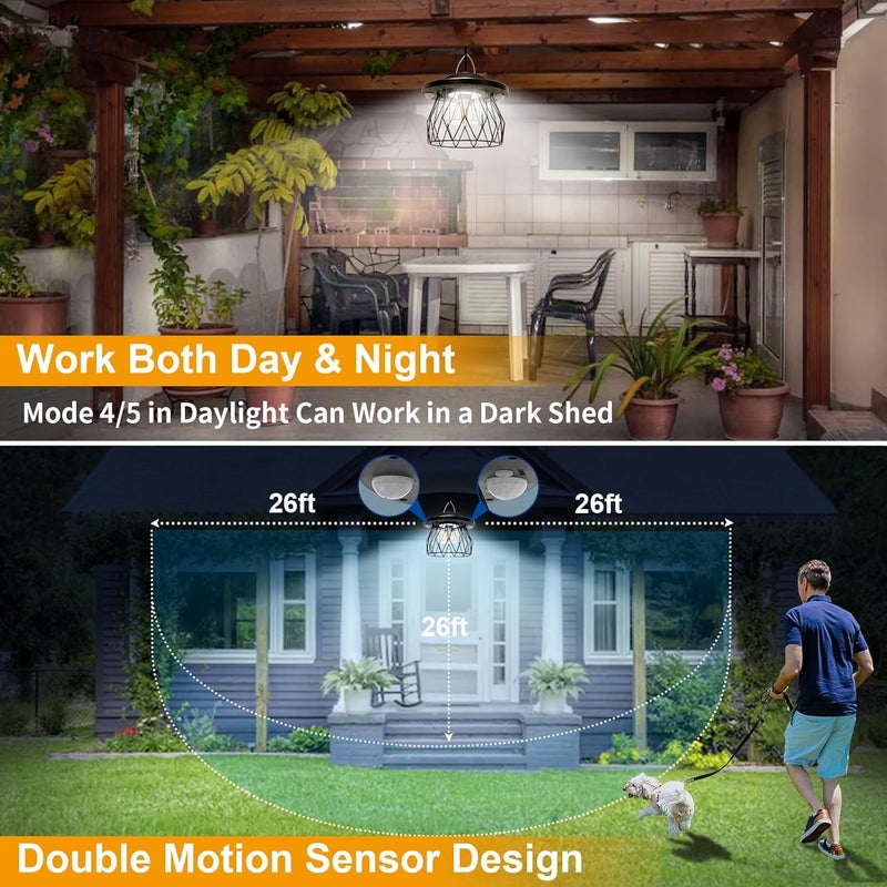 ladate Shed Light Solar Powered, 2 Motion Sensor Lights Outdoor with Remote, Unique Diamond Design Metal Frame Hanging Lantern with Timer, Gazebo Lights for Patio Barn Garage Shop - Image 3
